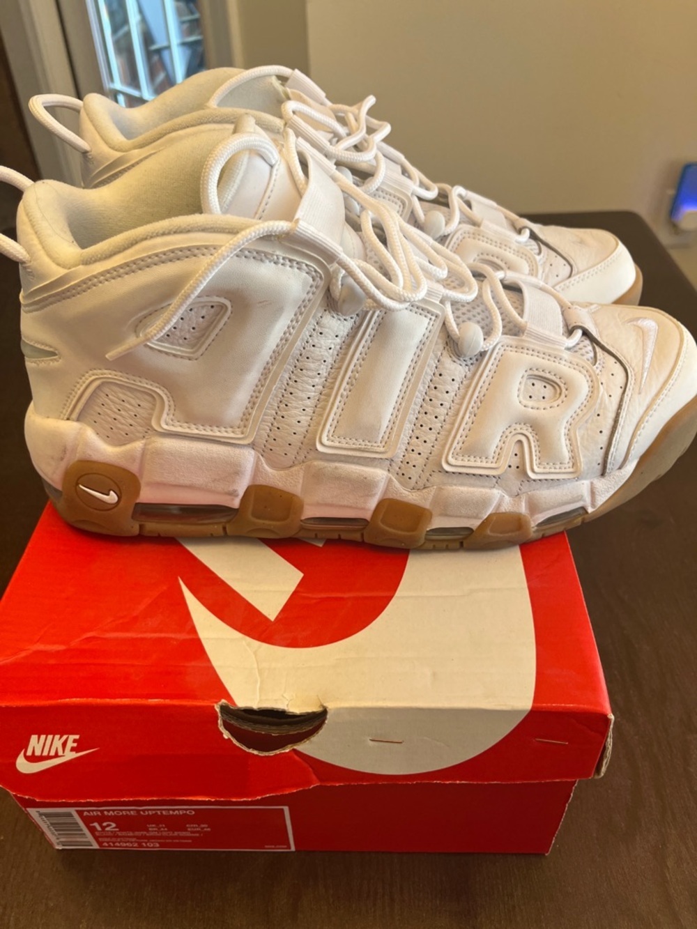 Nike White AIR More Uptempo Mid Sneakers with Gum Outsole Size 12